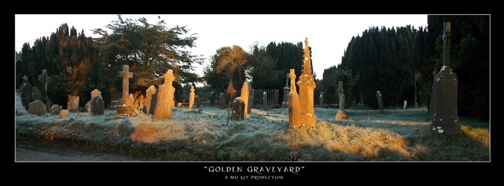 Sunrise over an old graveyard turns the stones to gold in Athy, Co. Kildare, Ireland