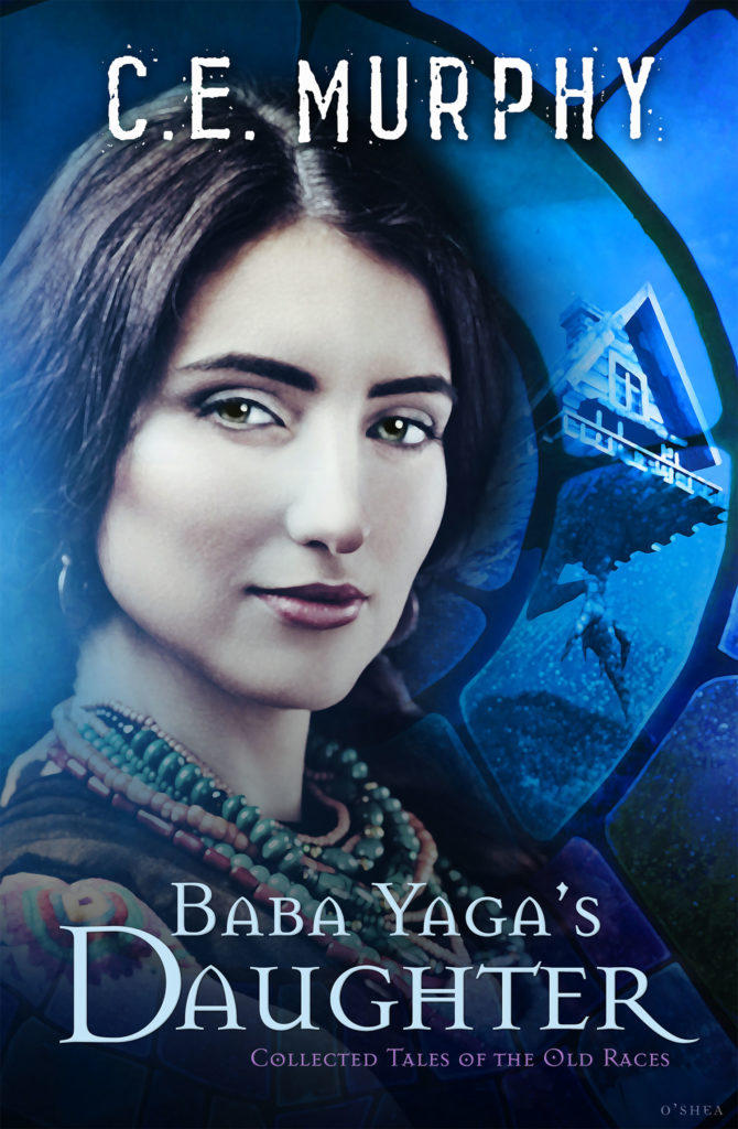 The blue cover of BABA YAGA'S DAUGHTER features aa beautiful Eastern European woman with dark hair with a stained glass image of Baba Yaga's chicken-legged hut in the background.