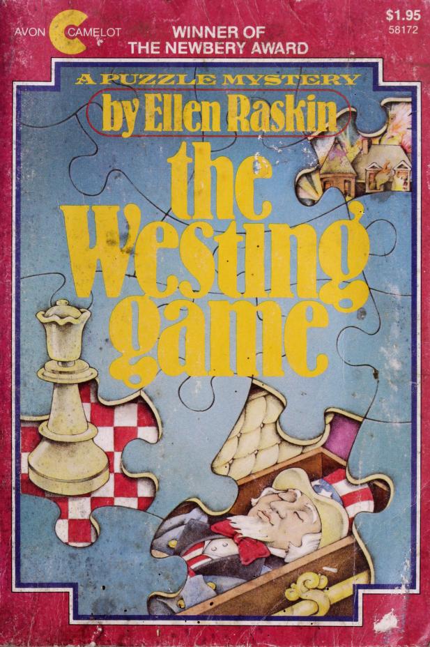 The 1980something cover of THE WESTING GAME, featuring chess pieces on a puzzle with missing sections, beneath one of which is Uncle Sam in a casket.