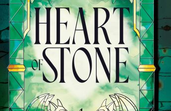 The cover for CE Murphy's urban fantasy (modern romantasy) novel HEART OF STONE depicts a stylized green and gold stained glass window against a deep green brick background. The title, centered in the window, has a faint heart outline behind it, and below it are two stained-glass gargoyles facing one another. Cover art and design by Fakel Barros Studio.