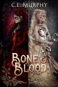 The staggeringly fabulous cover for CE Murphy's upcoming BONE & BLOOD, a retelling of "Snow White, Rose Red" features two women standing back to back: one is garbed all in blood red, with dark red hair and a black mask; the other wears flowing white, with wheat-pale hair and a glittering mask. Cover art & design by Ravven.